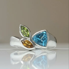 Sterling silver mult-gem ring with blue, green and yellow marquise stones