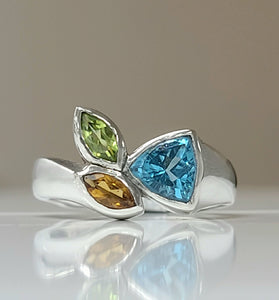 Sterling silver mult-gem ring with blue, green and yellow marquise stones