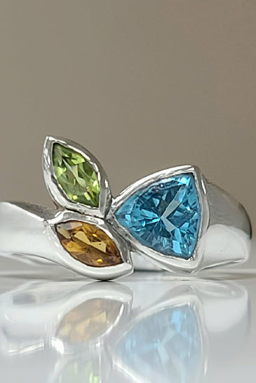 Sterling silver mult-gem ring with blue, green and yellow marquise stones