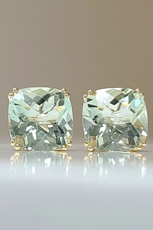 unique stud earrings featuring 14k yellow gold and prasiolite
