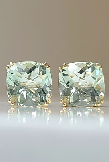 14kt yellow gold prasiolite stud earrings with cushion-cut light green stones