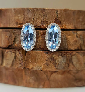 stud earrings with chatham oval aqua spinel lab diamonds and 14k white gold 