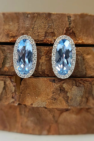 stud earrings with chatham oval aqua spinel lab diamonds and 14k white gold 