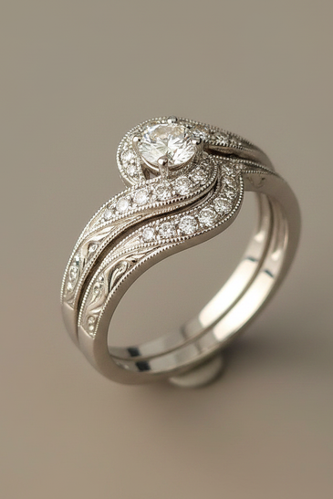 Close-up of a 14kt white gold vintage-style diamond wedding set showing the curved halo, split prongs, and milgrain swirl detail
