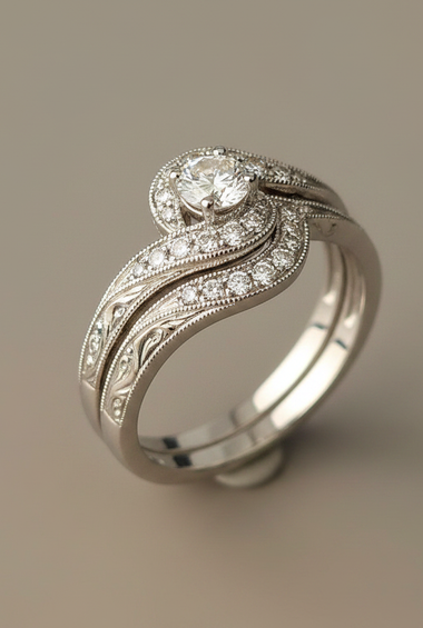 Close-up of a 14kt white gold vintage-style diamond wedding set showing the curved halo, split prongs, and milgrain swirl detail