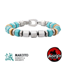Men's stainless steel bead bracelet with turquoise and silver cube links