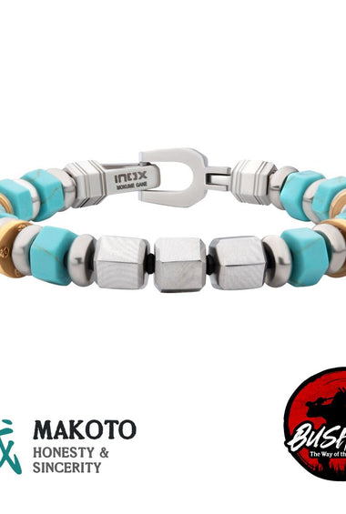 Men's stainless steel bead bracelet with turquoise and silver cube links