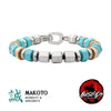 Men's stainless steel bead bracelet with turquoise and silver cube links