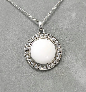 Sterling silver white agate pendant with pave halo and loop bail on chain