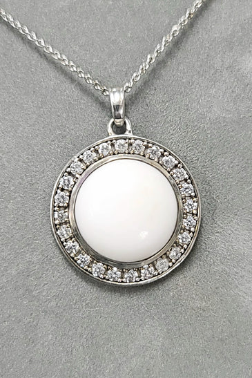 Sterling silver white agate pendant with pave halo and loop bail on chain