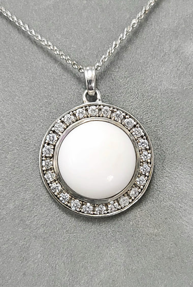 Sterling silver white agate pendant with pave halo and loop bail on chain