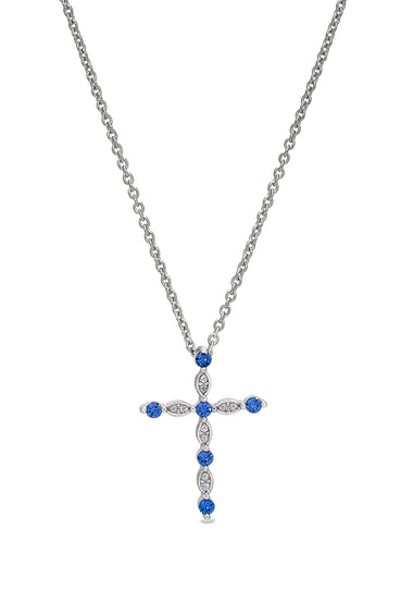 Sterling silver cross pendant with blue sapphire stones and chain