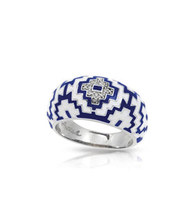 Navy blue and white hand-painted Italian enamel with pave-set white stones set on rhodium-plated sterling silver