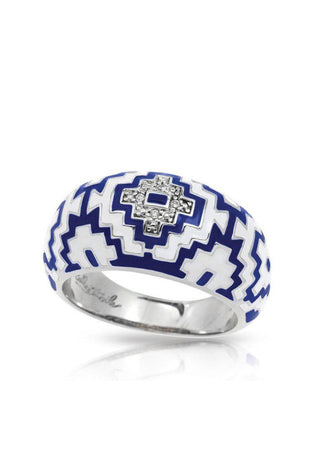 Navy blue and white hand-painted Italian enamel with pave-set white stones set on rhodium-plated sterling silver