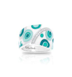 The detail of the circles, on the rhodium-plated sterling silver, are created from hand-painted multicolor Italian enamel, with white stones adding shine