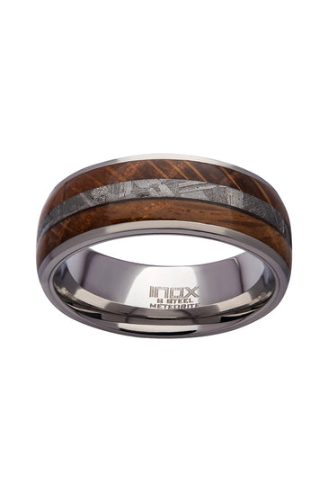 Wood & Meteorite Inlay Steel Ring