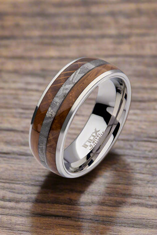 Wood & Meteorite Inlay Steel Ring