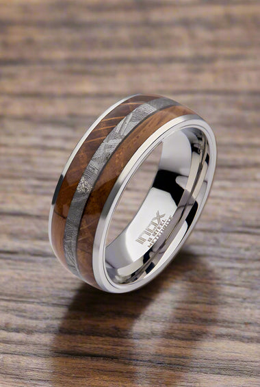 Wood & Meteorite Inlay Steel Ring