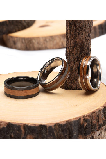 Stainless Steel Black PVD Men's Band with Wooden Inlay