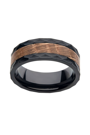 Stainless Steel Black PVD Men's Band with Wooden Inlay