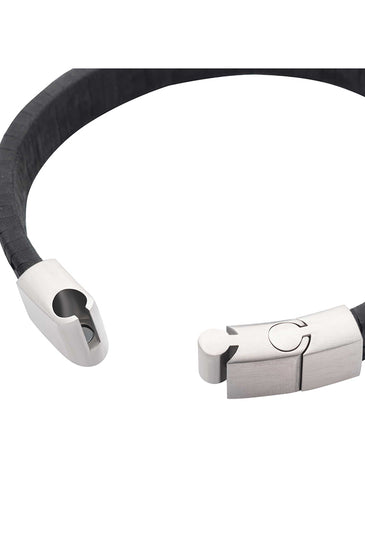 Black suede leather bracelet close-up with silver-tone clasp and strap loop