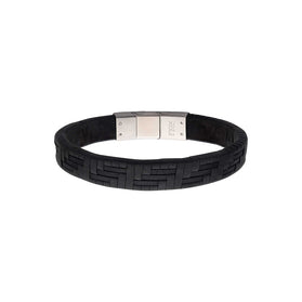 Black suede leather woven bracelet with silver-tone clasp and bar details