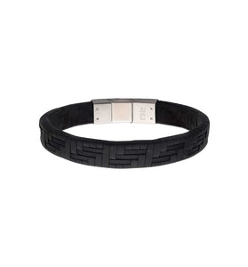 Black suede leather woven bracelet with silver-tone clasp and bar details