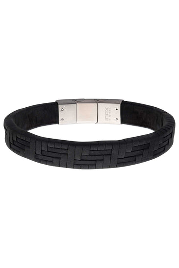 Black suede leather woven bracelet with silver-tone clasp and bar details