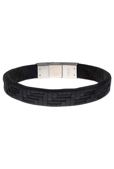 Black suede leather woven bracelet with silver-tone clasp and bar details
