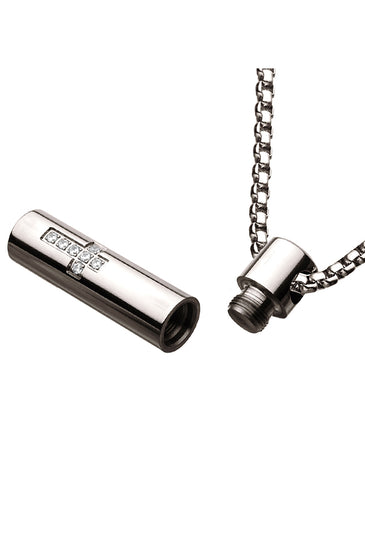 Stainless Steel Memorial Cross Pendant with Clear CZ & Steel Box Chain