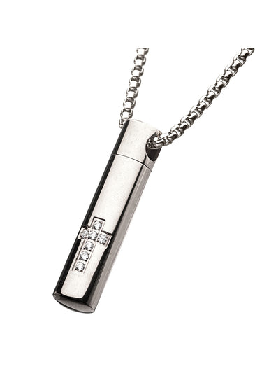Stainless Steel Memorial Cross Pendant with Clear CZ & Steel Box Chain