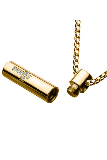 Stainless Steel & Gold IP Memorial Cross Pendant with Clear CZ & Gold IP Box Chain