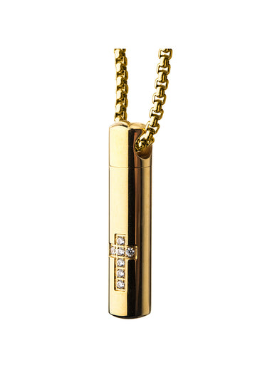 Stainless Steel & Gold IP Memorial Cross Pendant with Clear CZ & Gold IP Box Chain