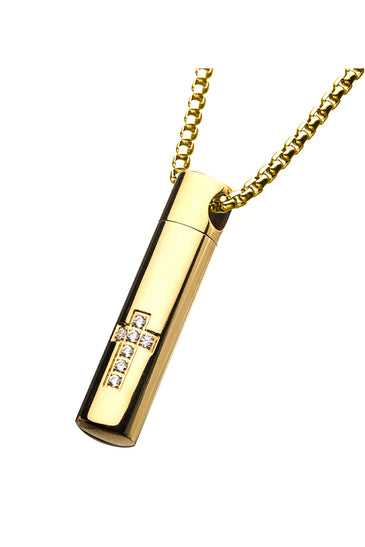 Stainless Steel & Gold IP Memorial Cross Pendant with Clear CZ & Gold IP Box Chain