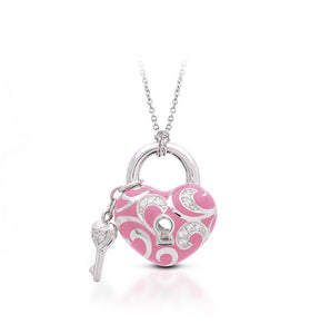 Rhodium-plated sterling silver is set with white stones and hand-painted classic pink Italian enamel