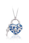 Rhodium-plated sterling silver is set with white stones and hand-painted pure blue Italian enamel