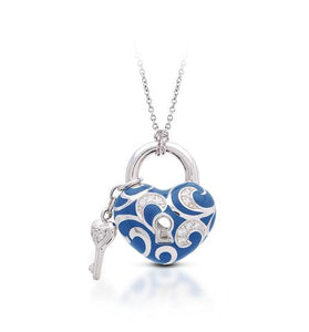 Rhodium-plated sterling silver is set with white stones and hand-painted pure blue Italian enamel