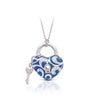 Rhodium-plated sterling silver is set with white stones and hand-painted pure blue Italian enamel