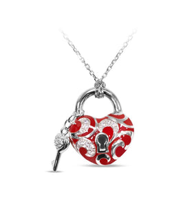 Rhodium-plated sterling silver is set with white stones and hand-painted rich red Italian enamel