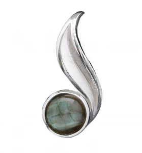 Sterling silver formed in the shape of an 'S', is set with a pearly sheen labradorite