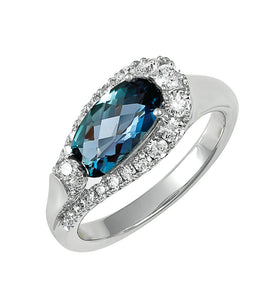 14k white gold ring with an Alexandria gem surrounded by diamonds