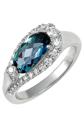 14k white gold ring with an Alexandria gem surrounded by diamonds