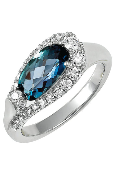 14k white gold ring with an Alexandria gem surrounded by diamonds