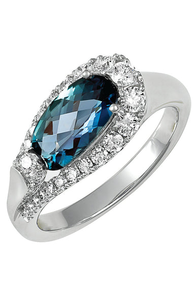 14k white gold ring with an Alexandria gem surrounded by diamonds