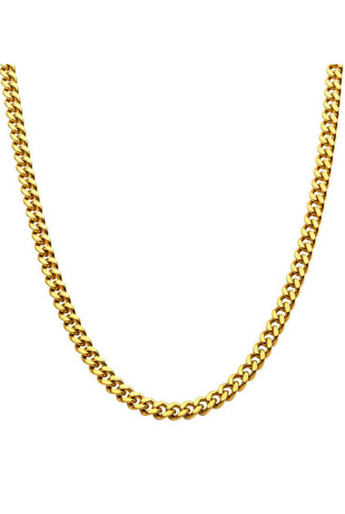 Gold Cuban link chain necklace, single strand draped in a U shape