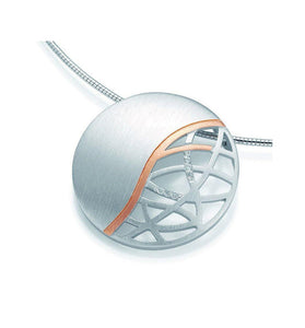 Rhodium plated sterling silver with carved out lace detail on one halve separated by rose gold