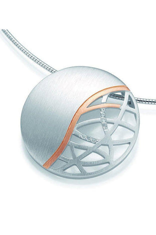 Rhodium plated sterling silver with carved out lace detail on one halve separated by rose gold