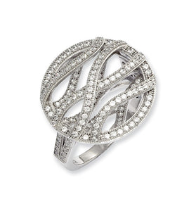 Sterling silver ring lined with cubic zirconia stones on sterling silver circle creating a abstract design