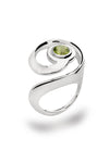 Peridot stones shaped into circles are set in sterling silver