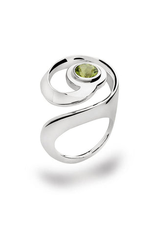 Peridot stones shaped into circles are set in sterling silver